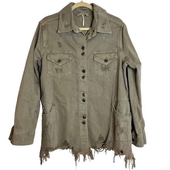Free People Womens Moonchild Denim Shirt Jacket Small Green Shacket Distressed - Picture 1 of 6